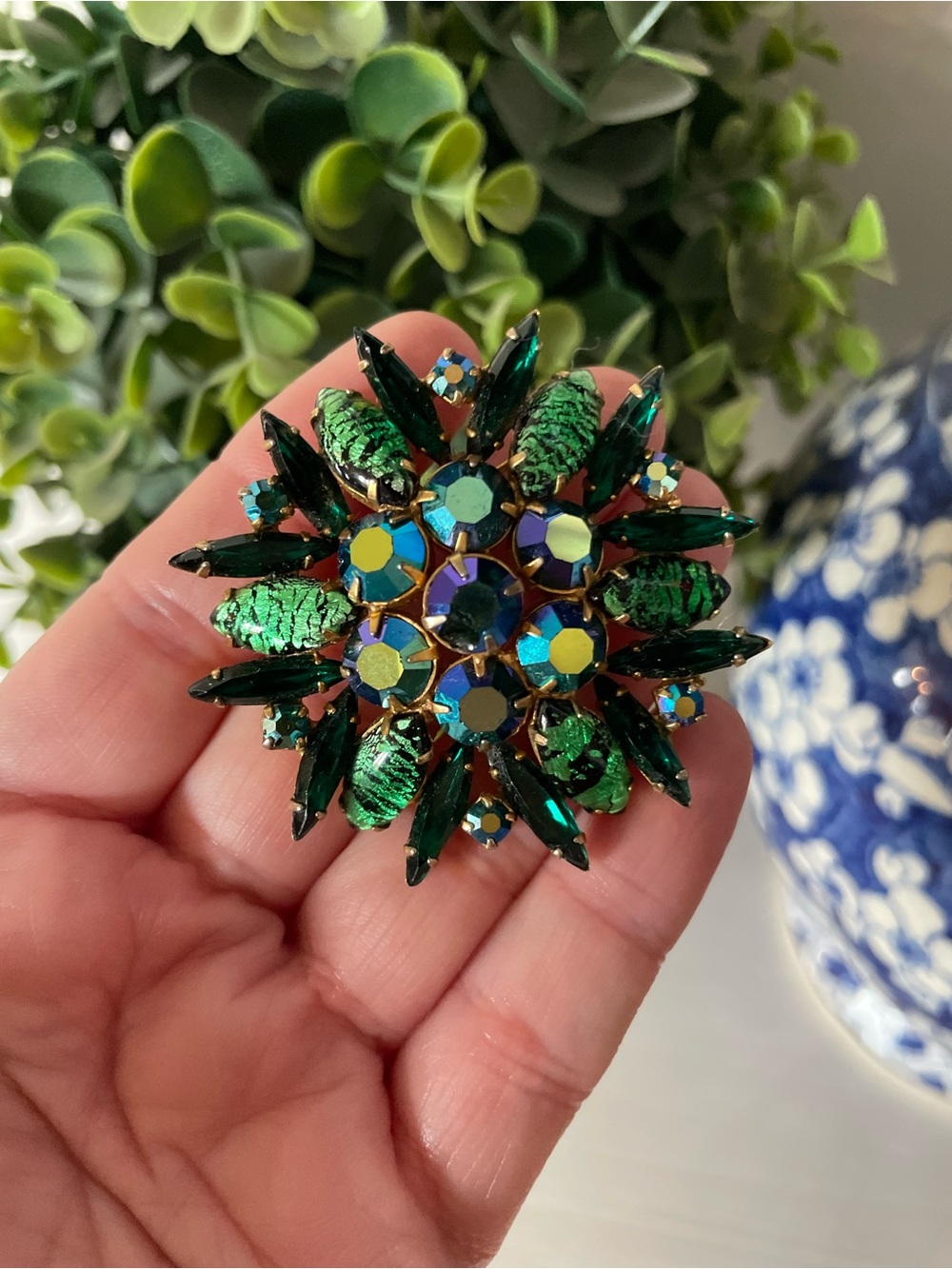 Stunning Vintage 1950s Green Glass Leaves with Rhinestones Starburst Brooch Pin